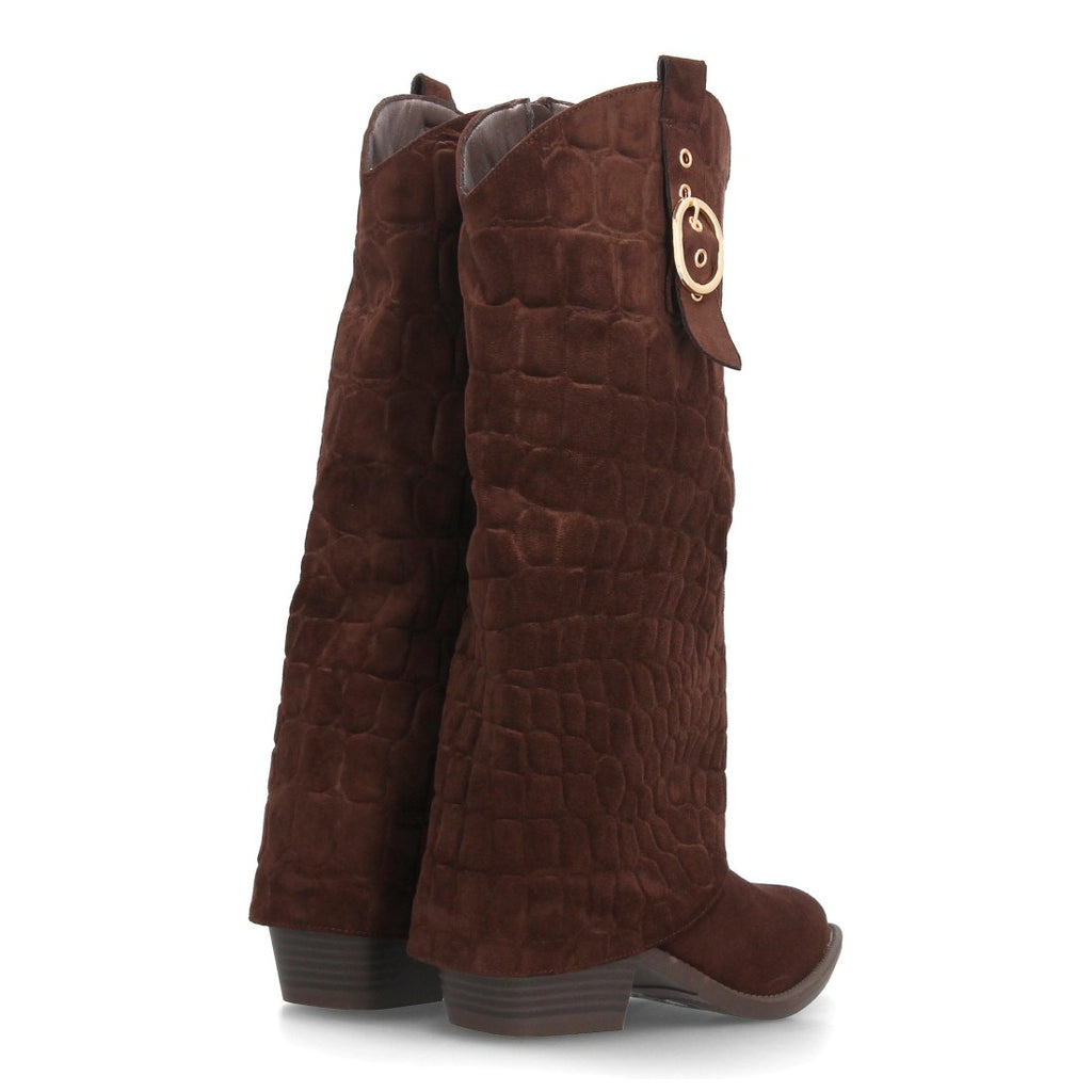 Botas Altas Cowboy de Mujer con Tacón Ancho y Caña Grabada -Marron