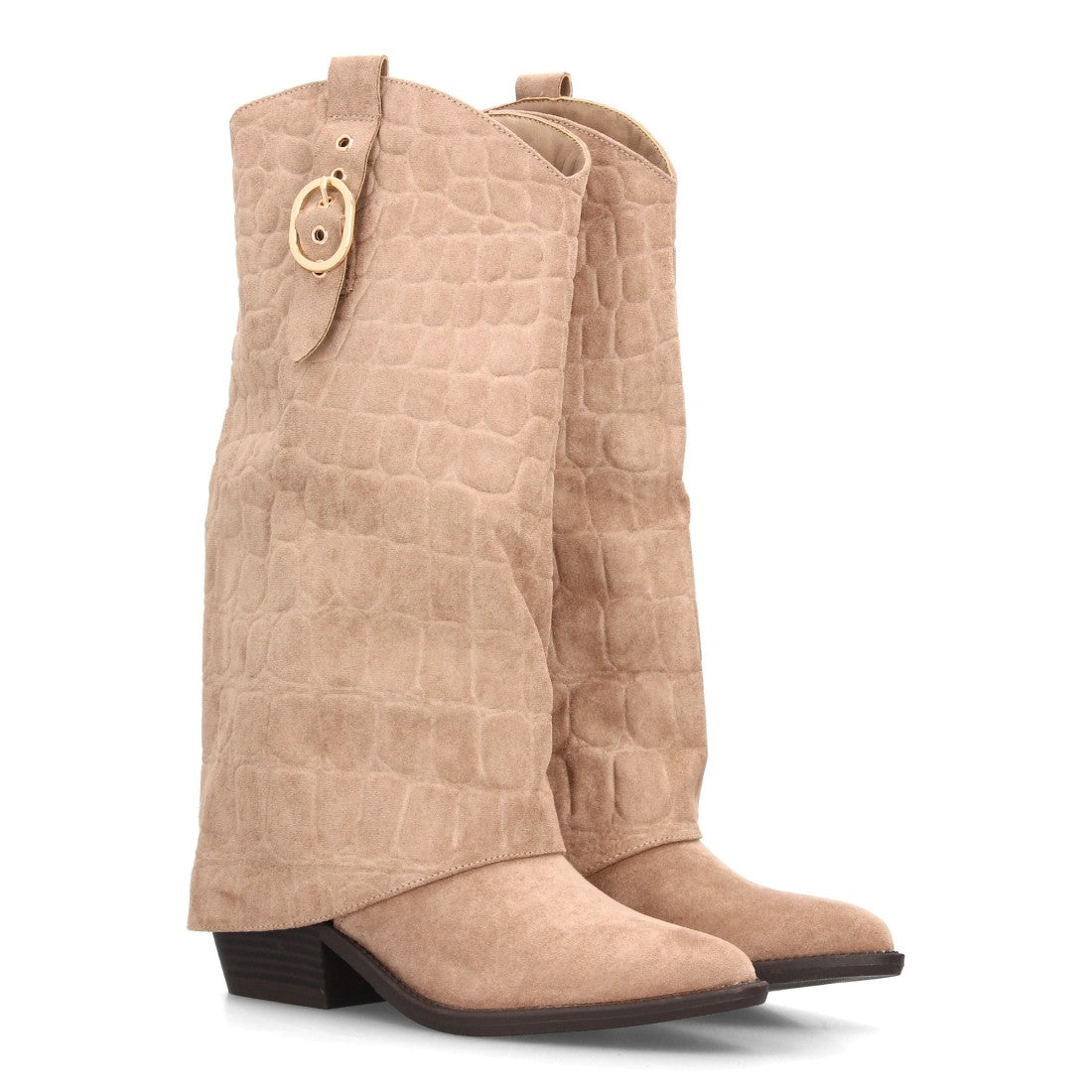 Botas Altas Cowboy de Mujer con Tacón Ancho y Caña Grabada -Kaki