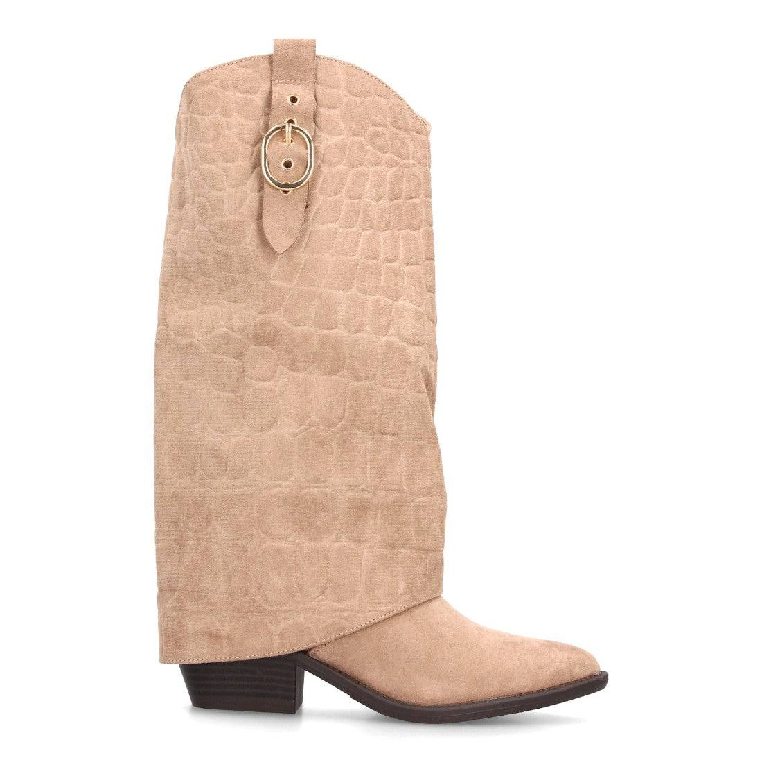 Botas Altas Cowboy de Mujer con Tacón Ancho y Caña Grabada -Kaki