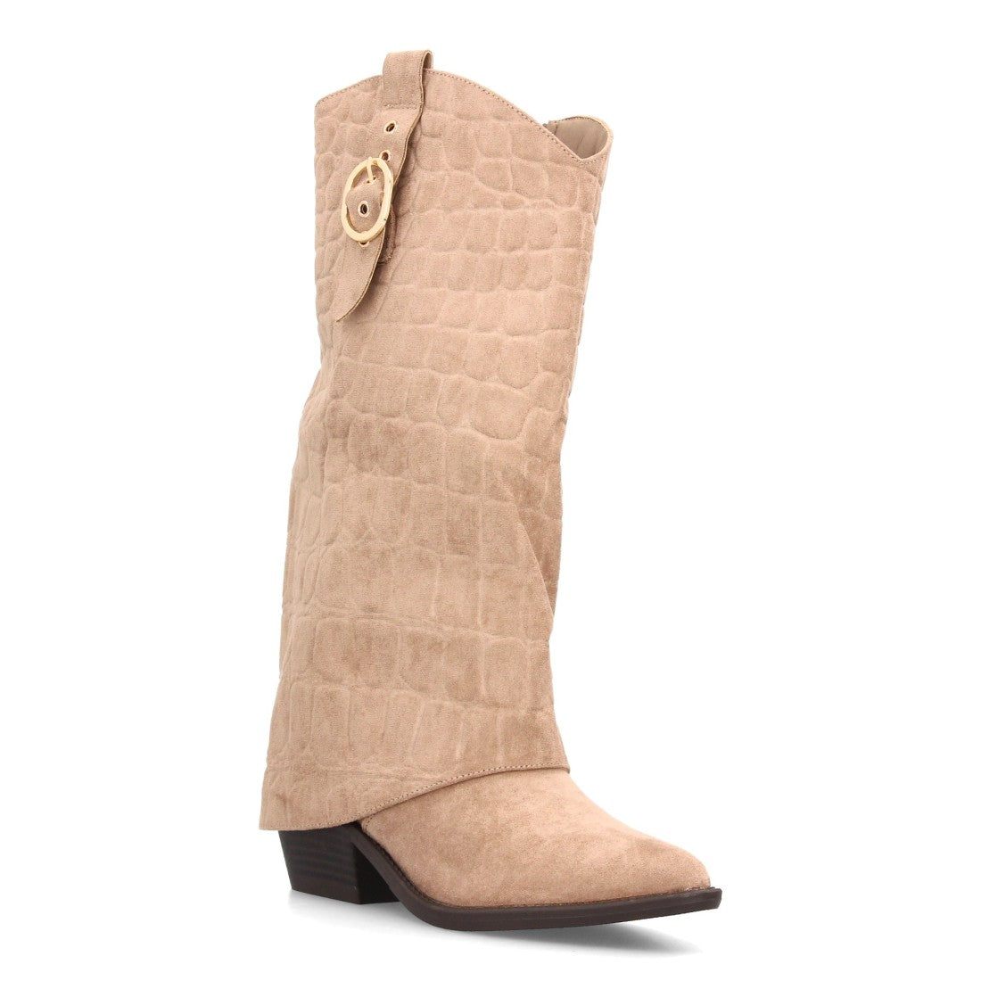 Botas Altas Cowboy de Mujer con Tacón Ancho y Caña Grabada -Kaki