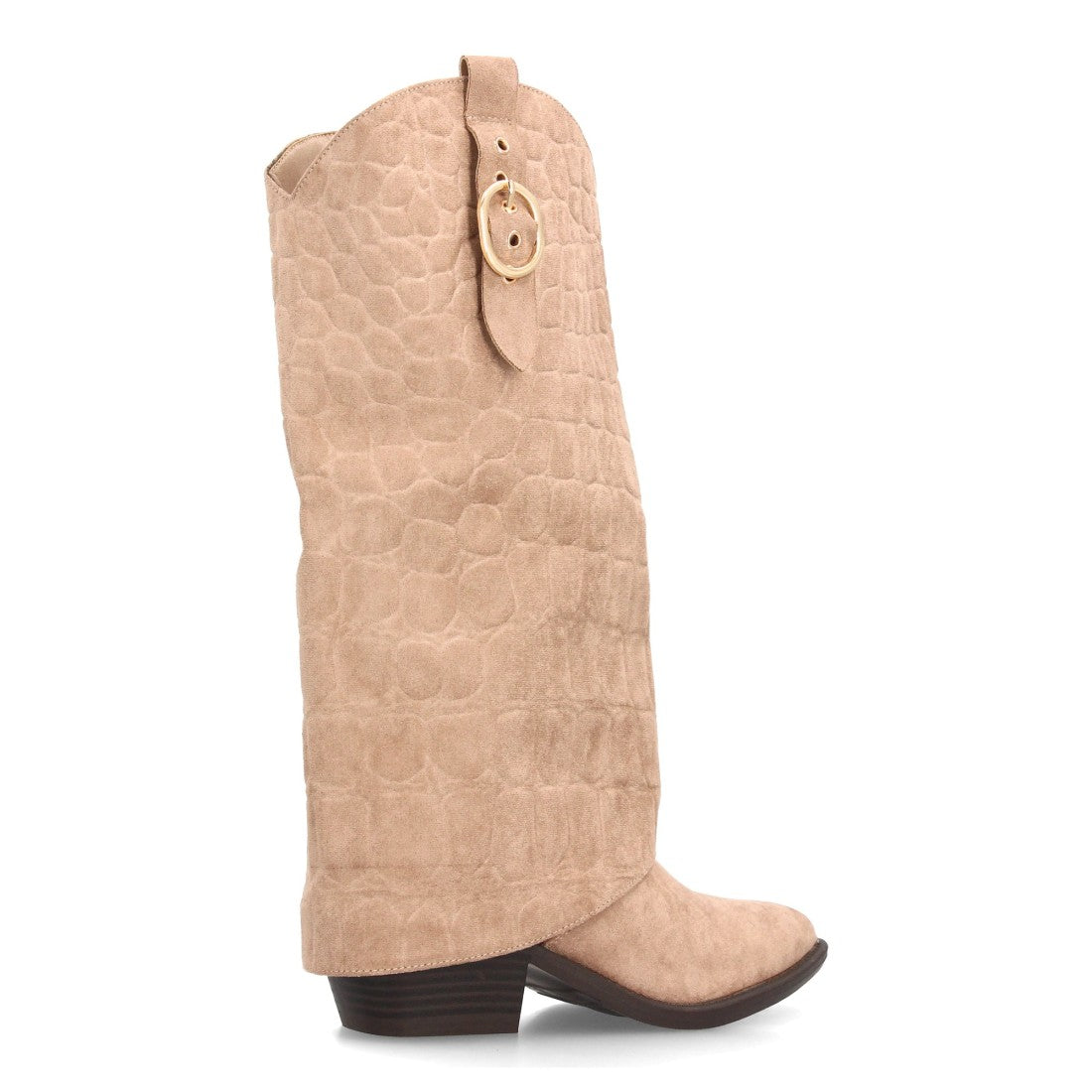 Botas Altas Cowboy de Mujer con Tacón Ancho y Caña Grabada -Kaki