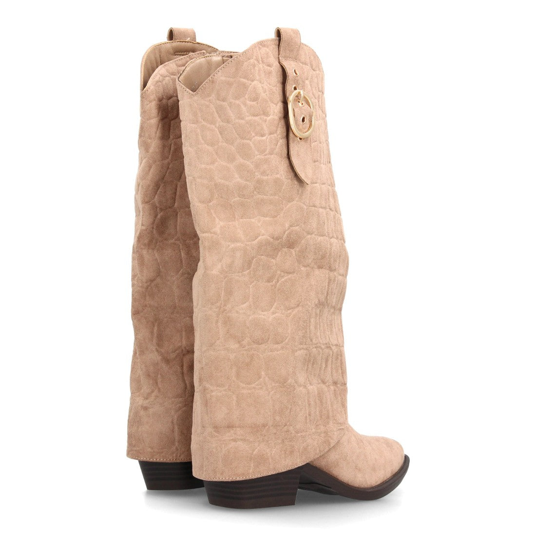 Botas Altas Cowboy de Mujer con Tacón Ancho y Caña Grabada -Kaki