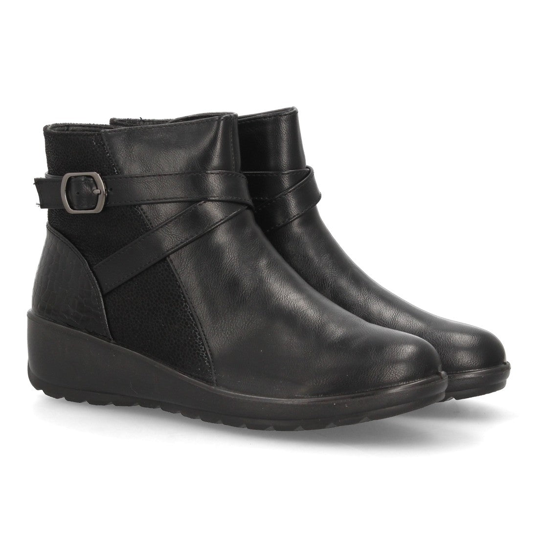 Botines de Mujer con Cuña Integrada, Tiras Cruzadas y Cremallera -Negro
