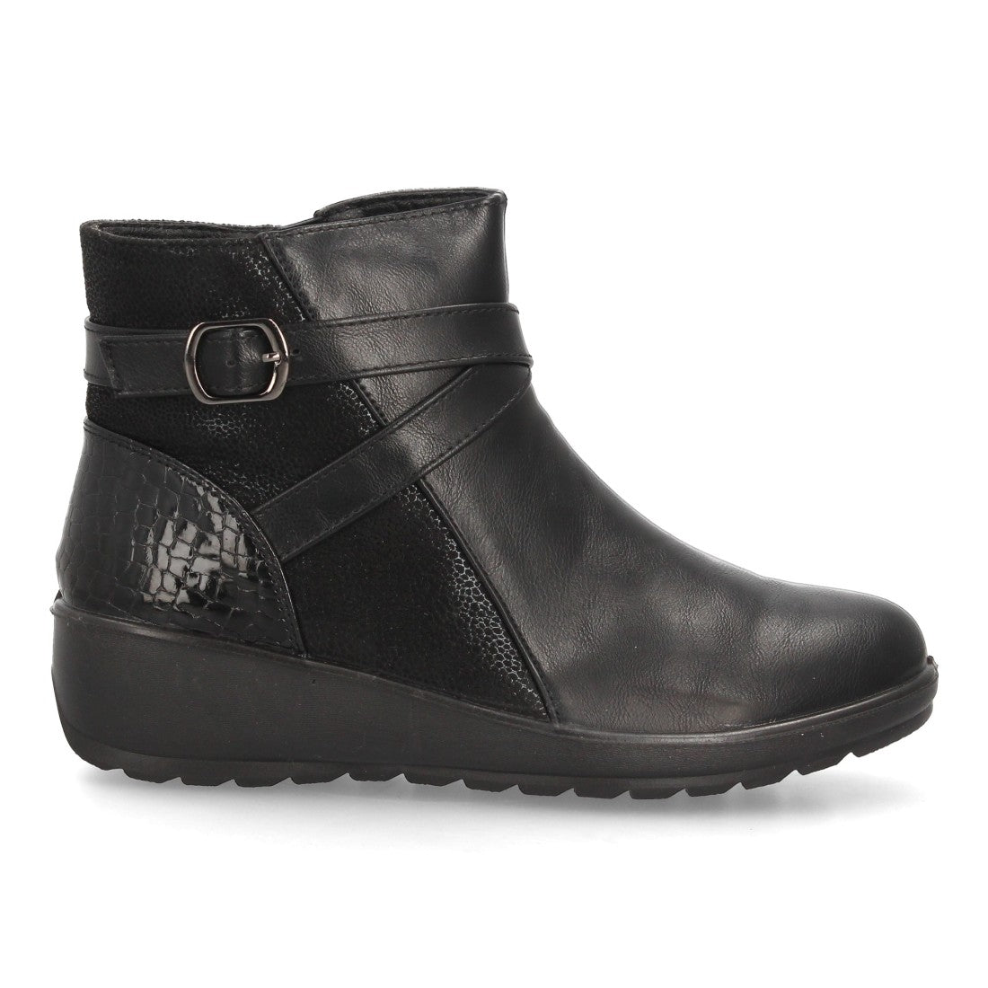 Botines de Mujer con Cuña Integrada, Tiras Cruzadas y Cremallera -Negro