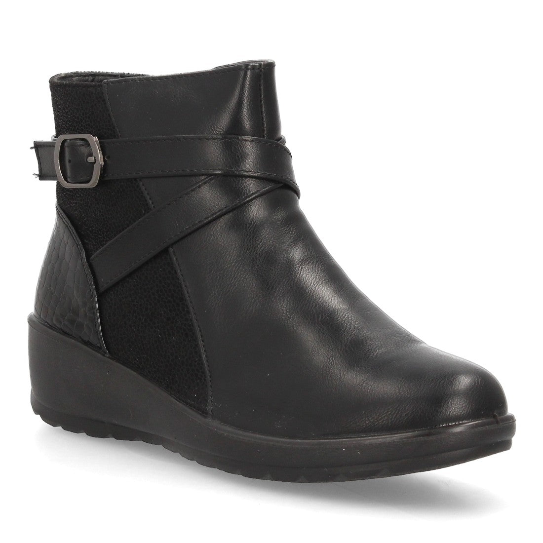 Botines de Mujer con Cuña Integrada, Tiras Cruzadas y Cremallera -Negro