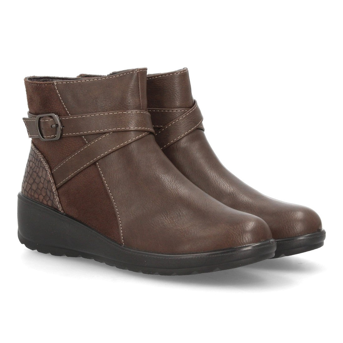 Botines de Mujer con Cuña Integrada, Tiras Cruzadas y Cremallera -Marron