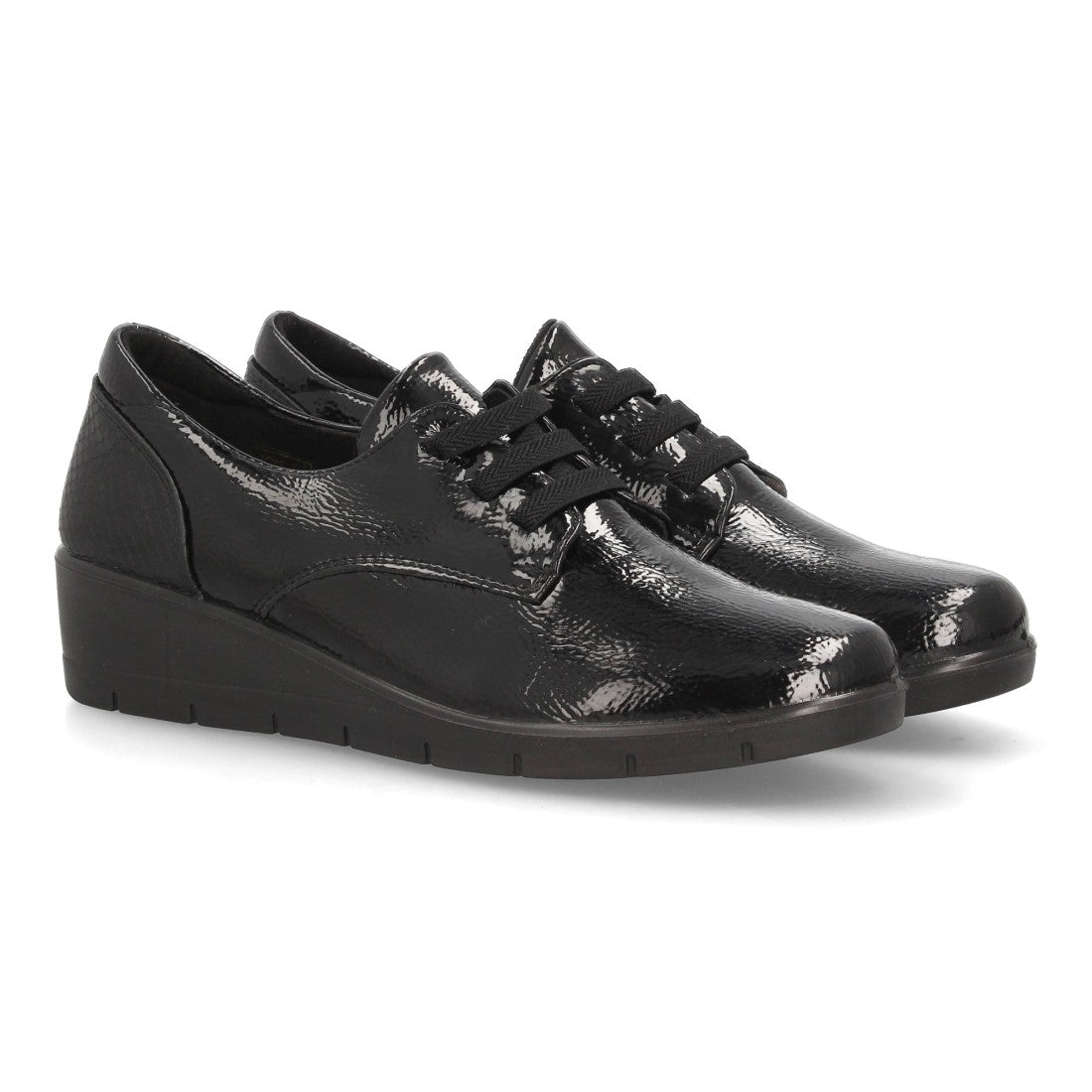 Zapatos de Mujer con Cuña, Cordones y Acabado Brillante -Negro