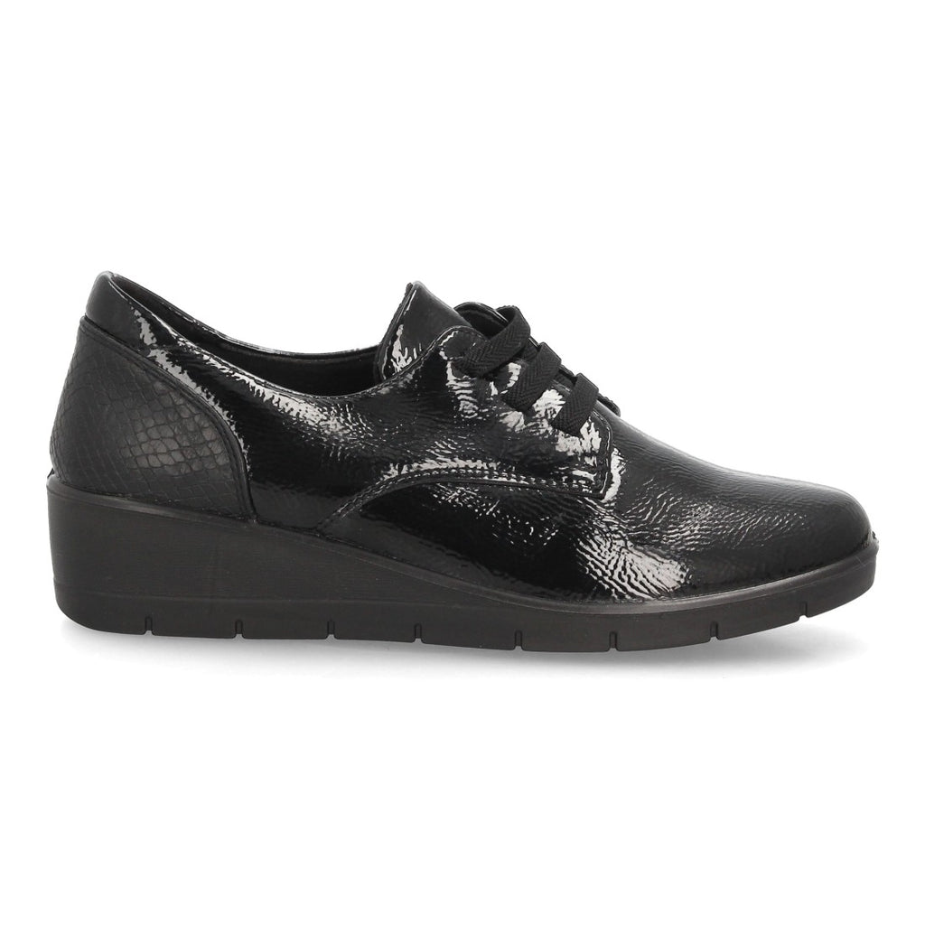 Zapatos de Mujer con Cuña, Cordones y Acabado Brillante -Negro