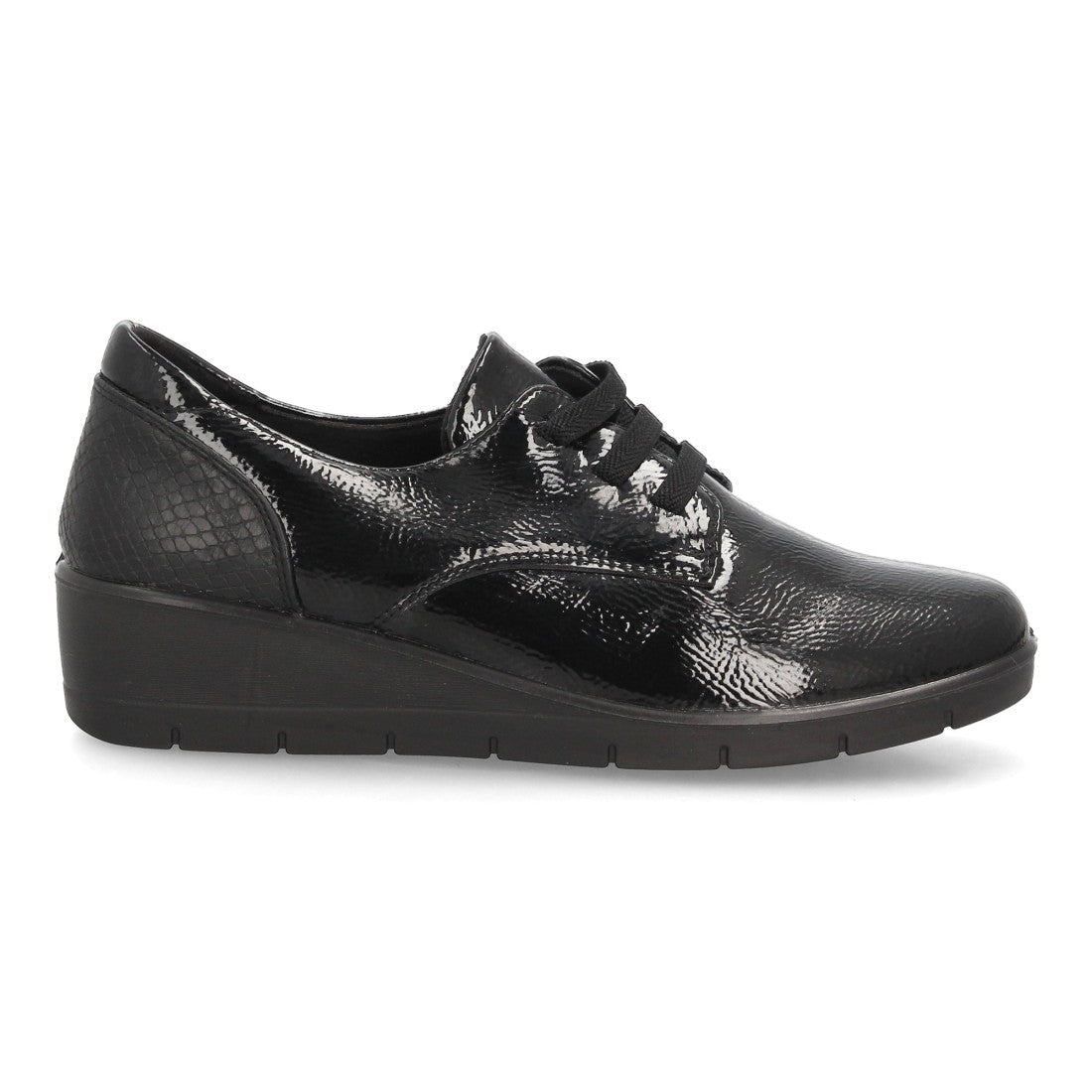 Zapatos de Mujer con Cuña, Cordones y Acabado Brillante -Negro