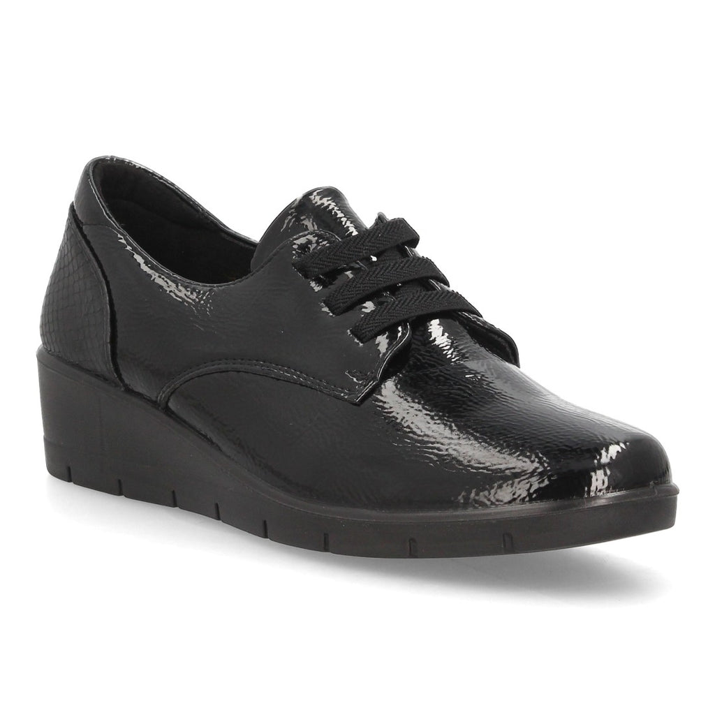 Zapatos de Mujer con Cuña, Cordones y Acabado Brillante -Negro