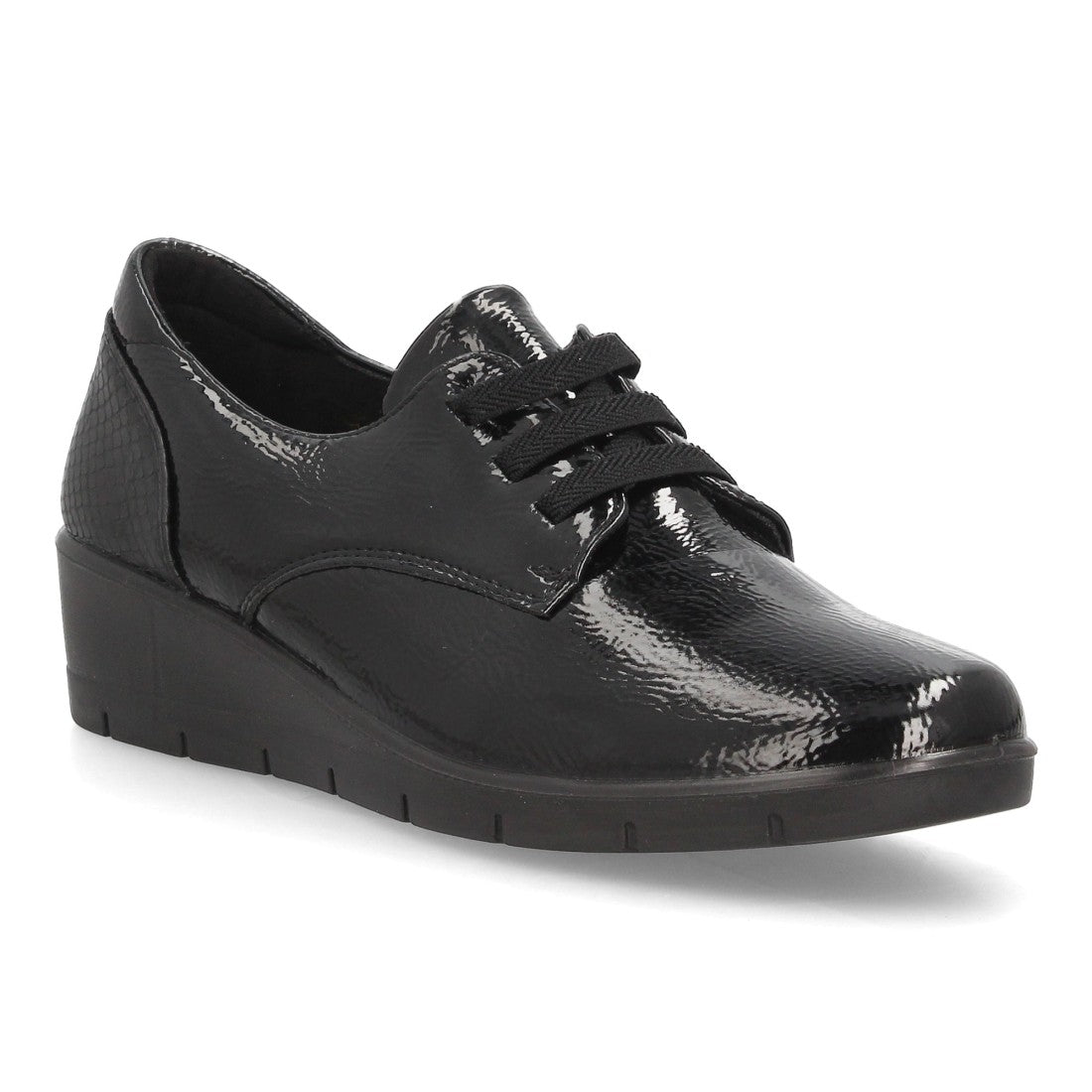 Zapatos de Mujer con Cuña, Cordones y Acabado Brillante -Negro