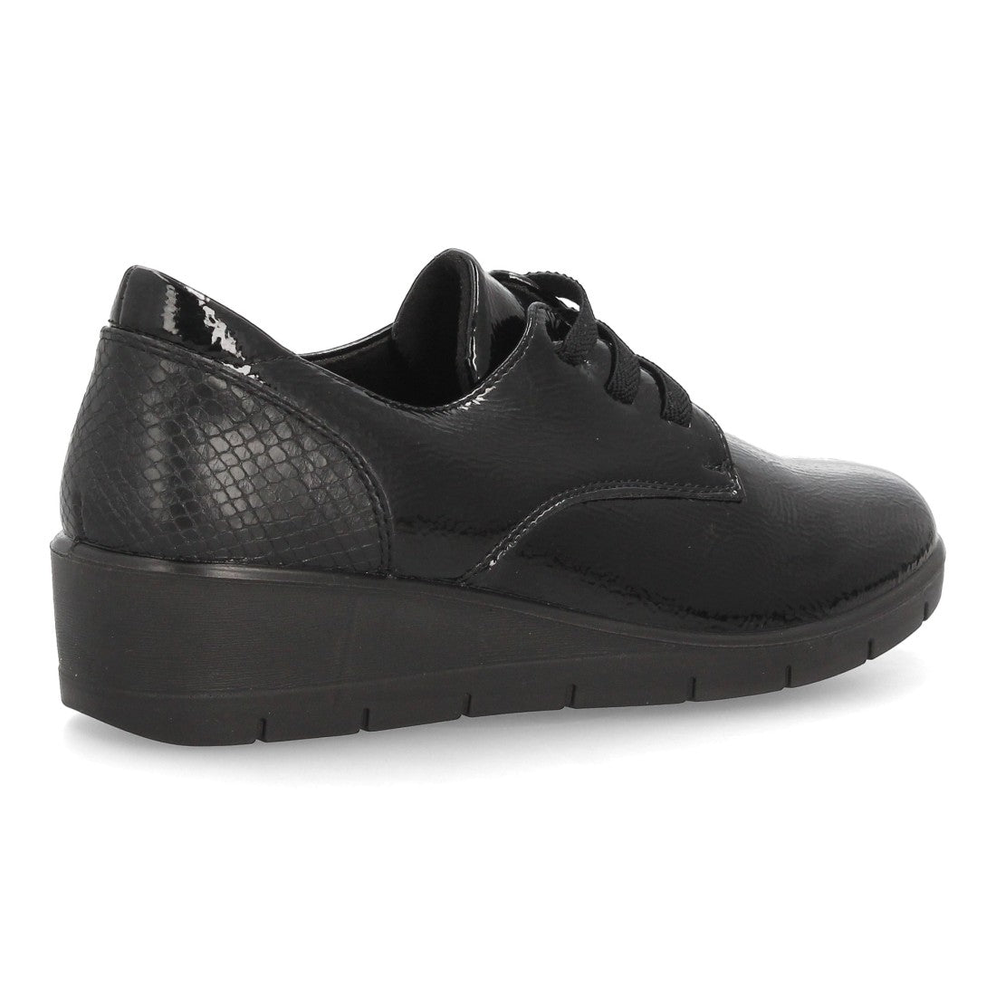 Zapatos de Mujer con Cuña, Cordones y Acabado Brillante -Negro