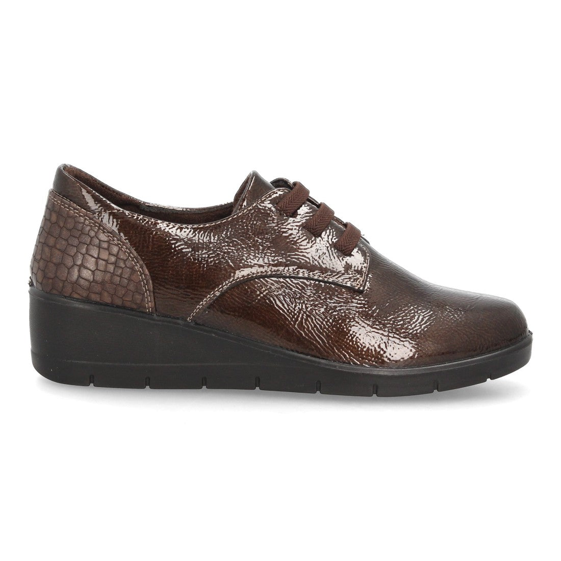 Zapatos de Mujer con Cuña, Cordones y Acabado Brillante -Marron