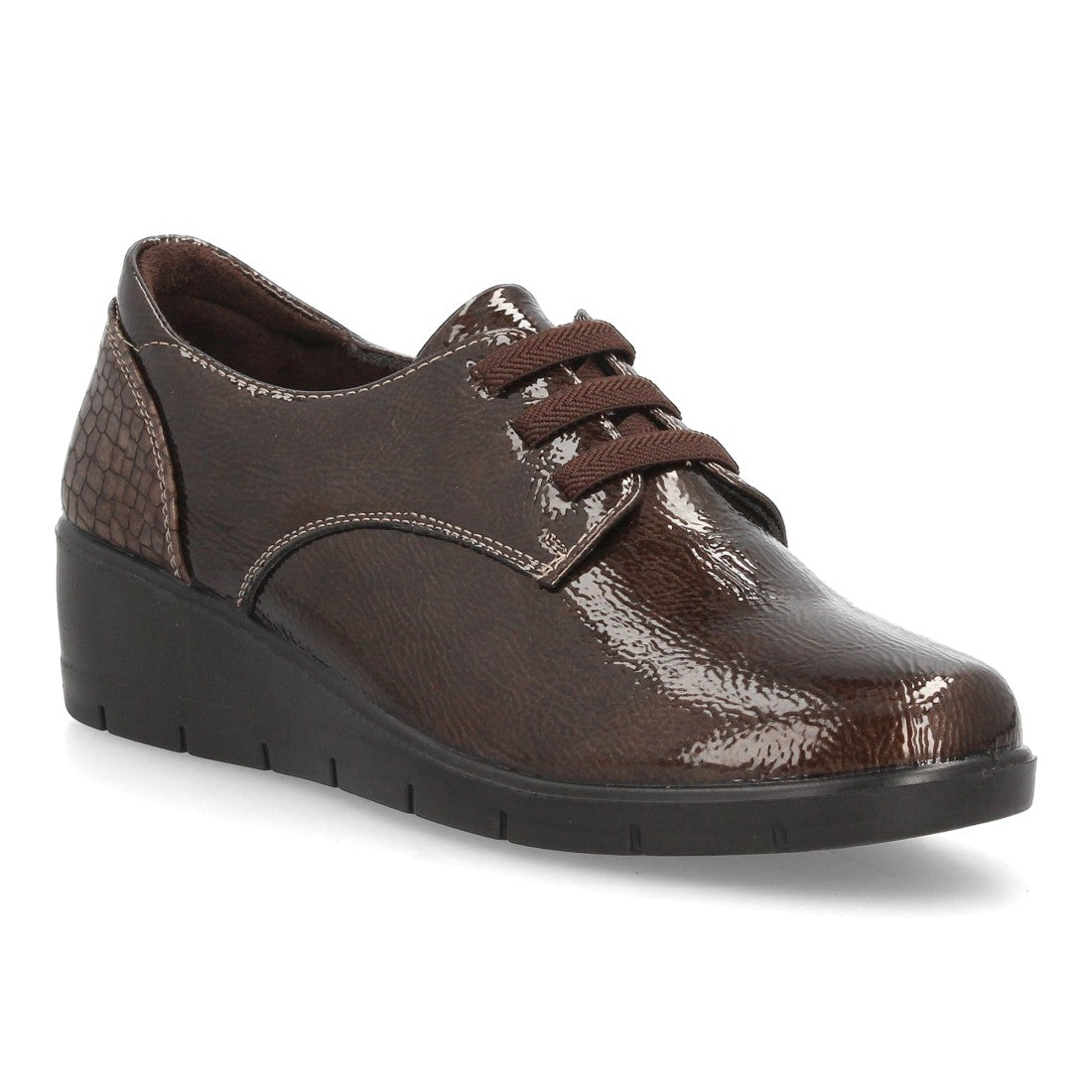 Zapatos de Mujer con Cuña, Cordones y Acabado Brillante -Marron