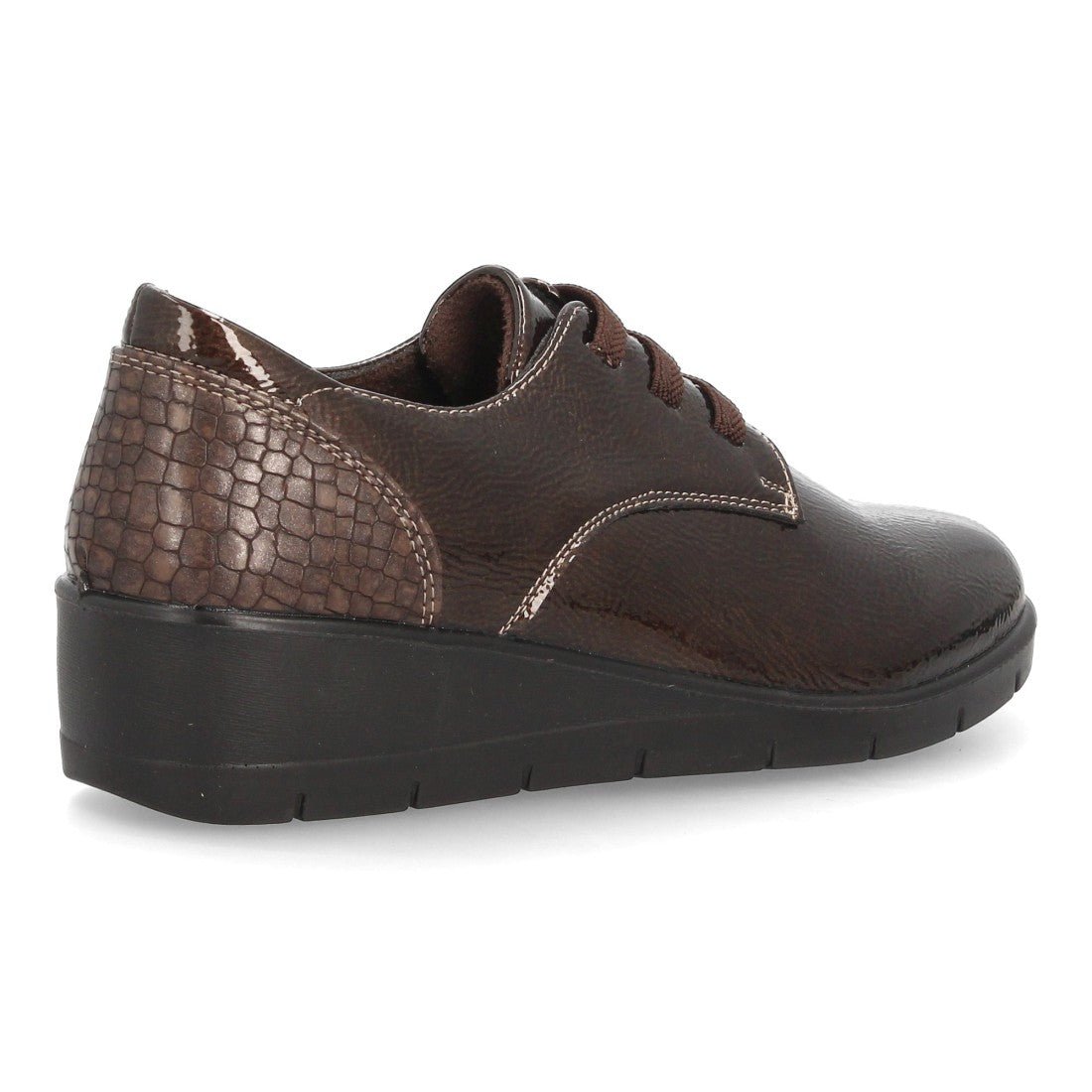 Zapatos de Mujer con Cuña, Cordones y Acabado Brillante -Marron