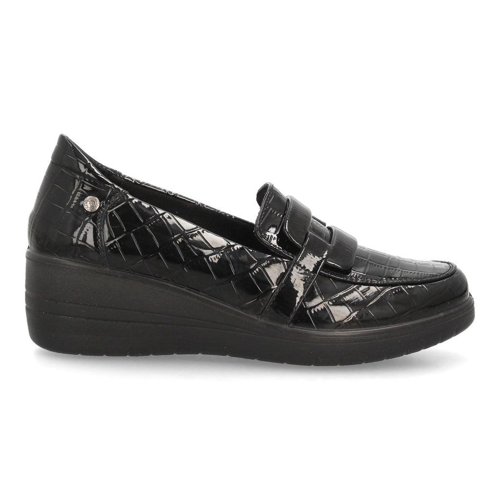 Mocasines de Mujer con Cuña, Textura Grabada y Antifaz -Negro