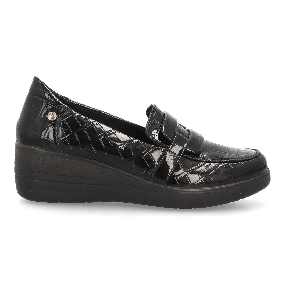 Mocasines de Mujer con Cuña, Textura Grabada y Antifaz -Negro