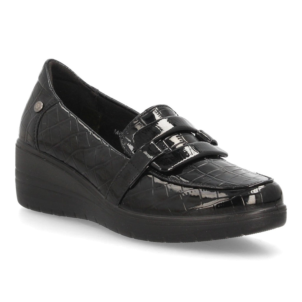 Mocasines de Mujer con Cuña, Textura Grabada y Antifaz -Negro