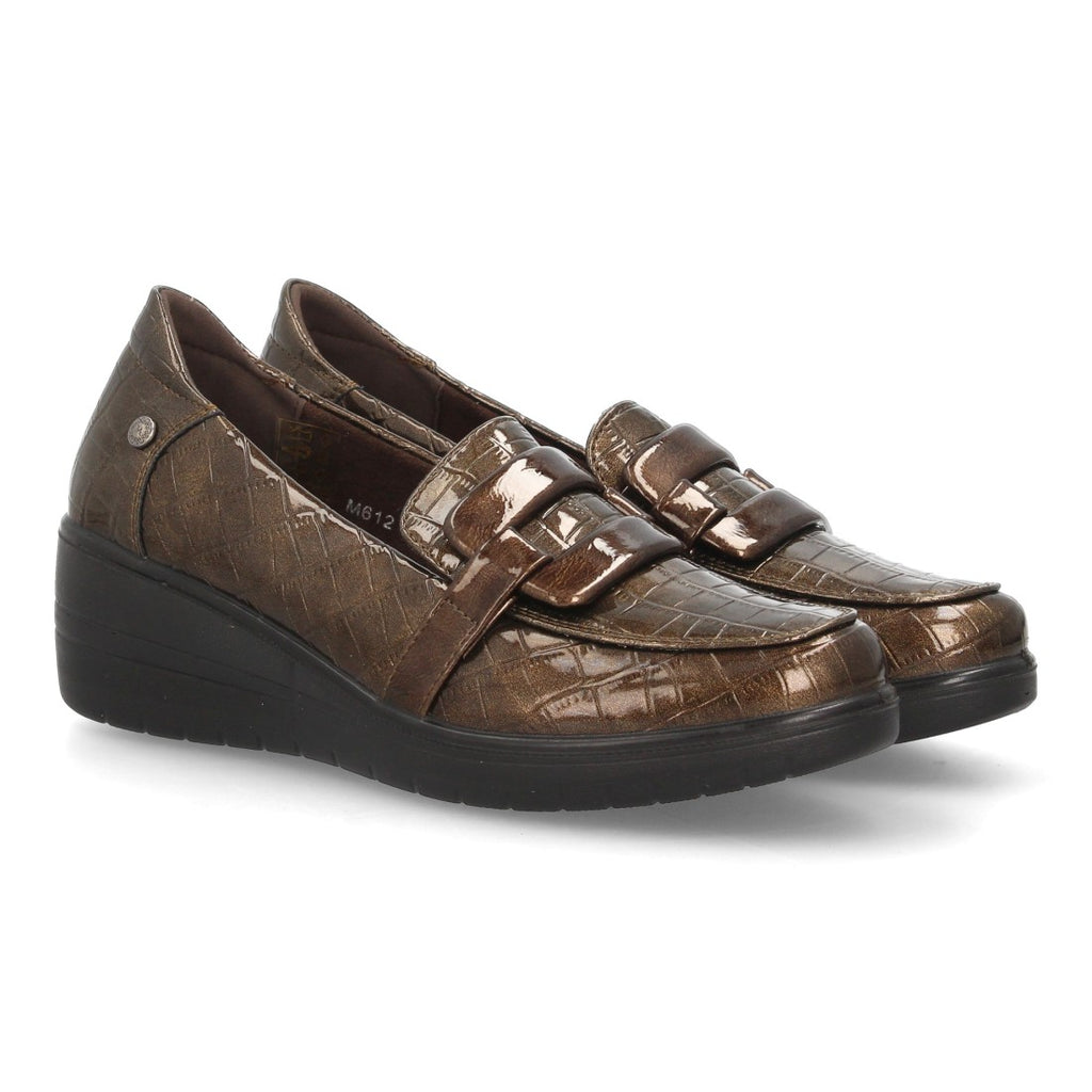 Mocasines de Mujer con Cuña, Textura Grabada y Antifaz -Marron