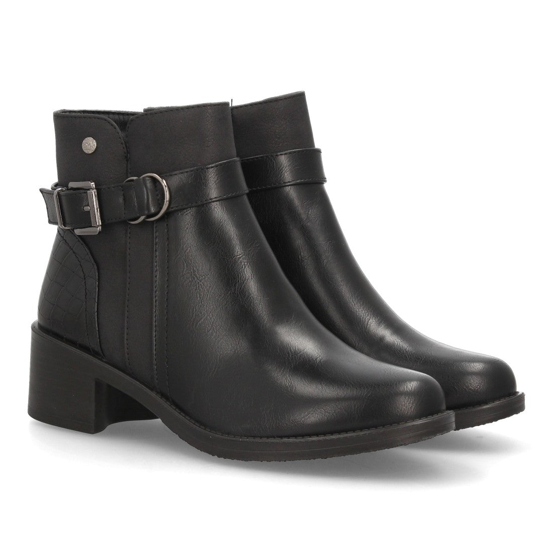 Botines de Mujer con Tacón Ancho, Hebilla y Anilla Decorativa -Negro