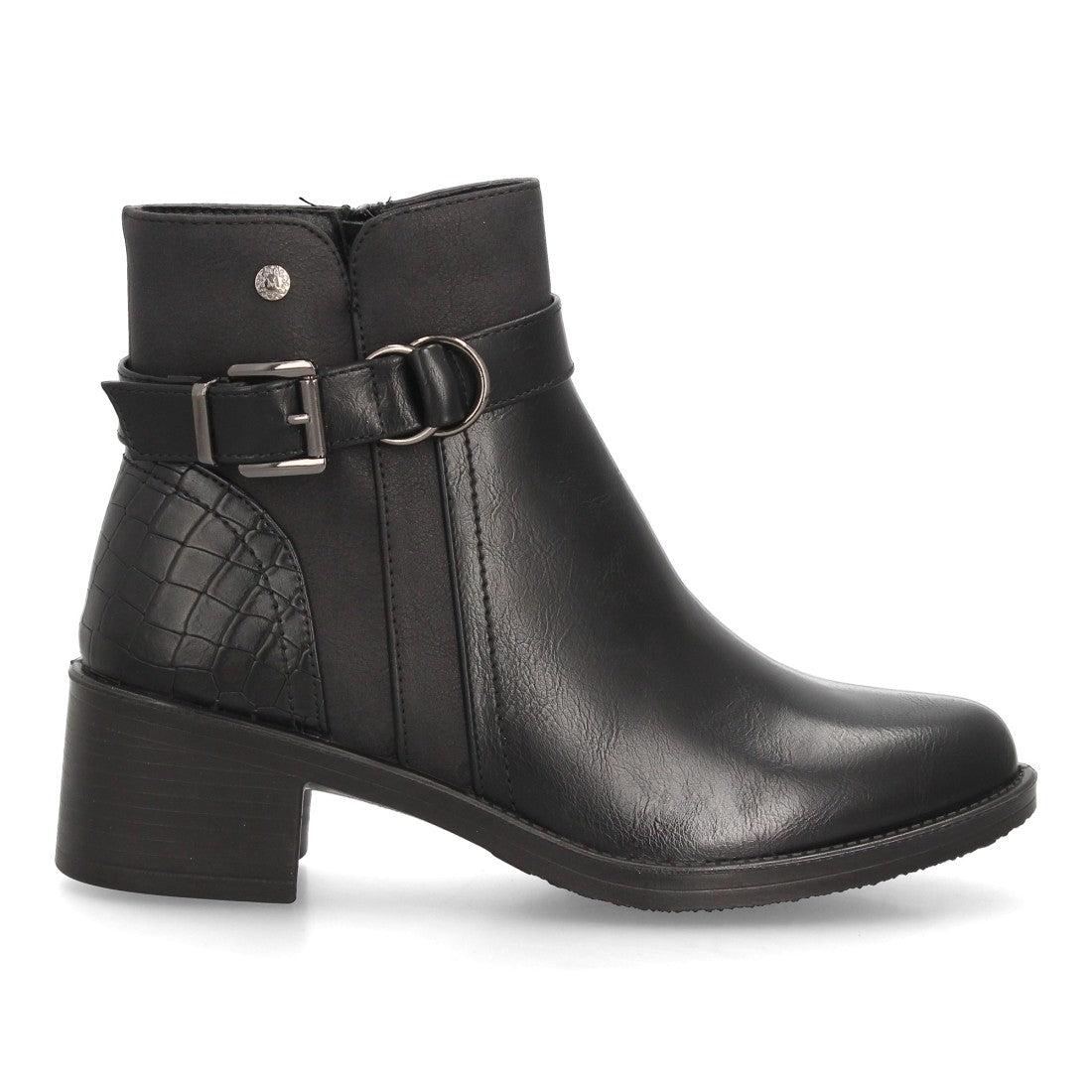 Botines de Mujer con Tacón Ancho, Hebilla y Anilla Decorativa -Negro