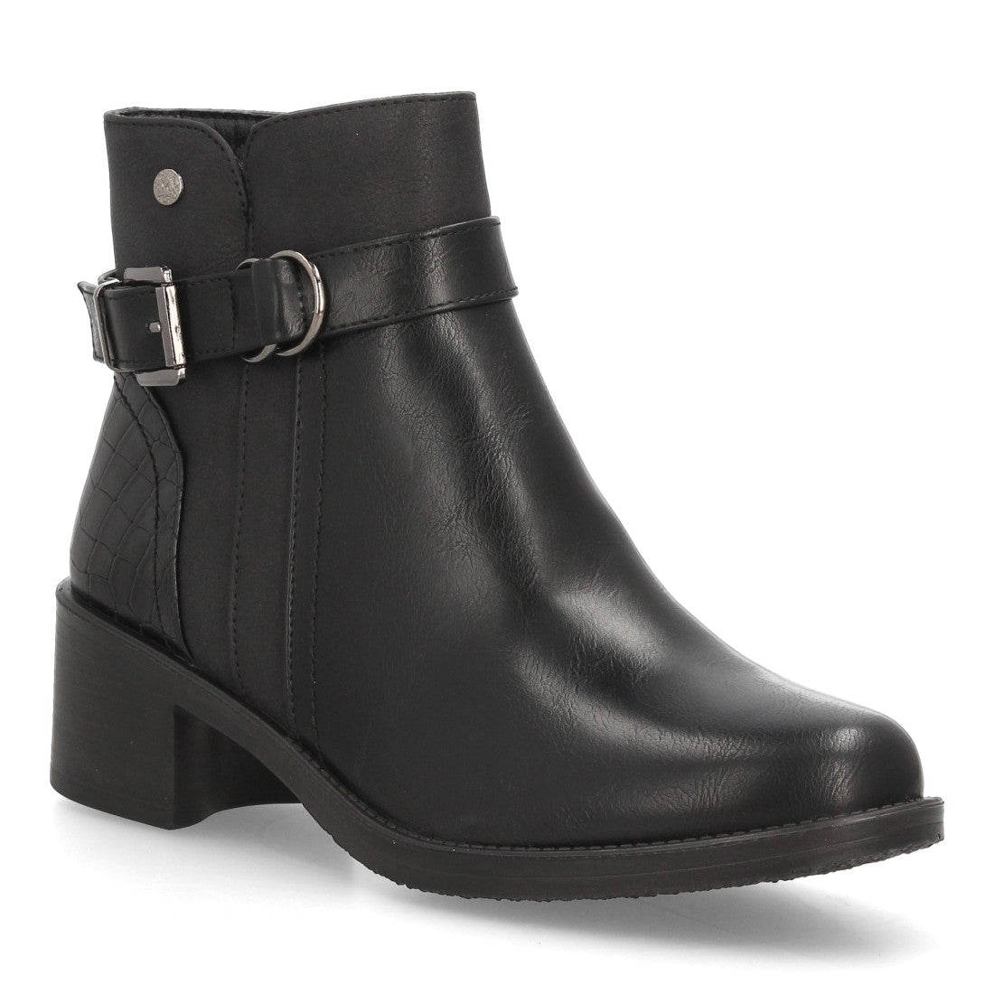 Botines de Mujer con Tacón Ancho, Hebilla y Anilla Decorativa -Negro