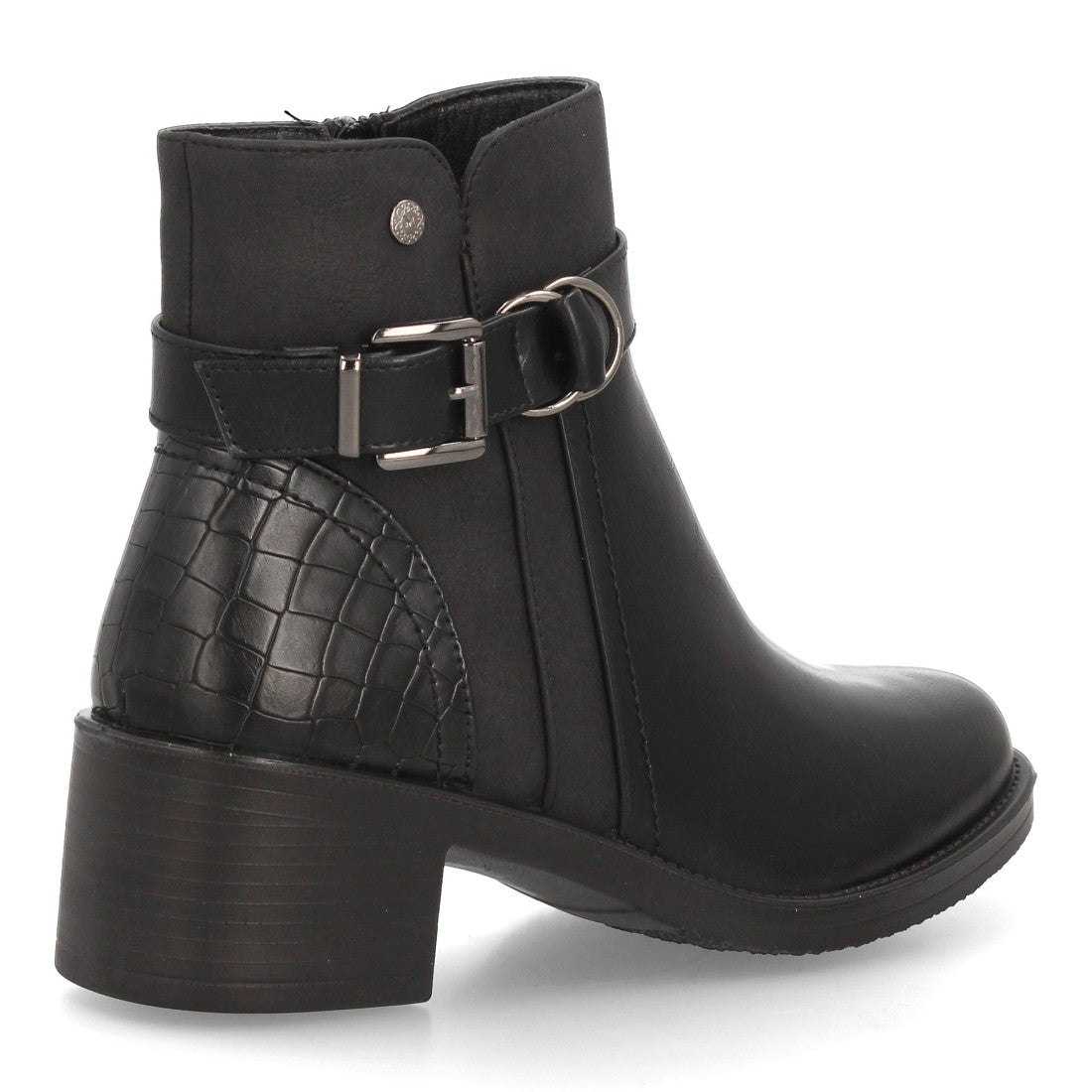 Botines de Mujer con Tacón Ancho, Hebilla y Anilla Decorativa -Negro