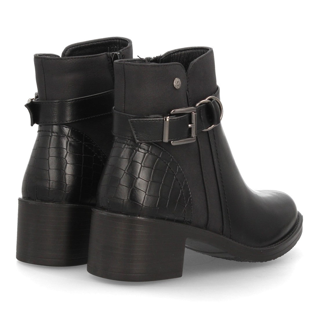 Botines de Mujer con Tacón Ancho, Hebilla y Anilla Decorativa -Negro
