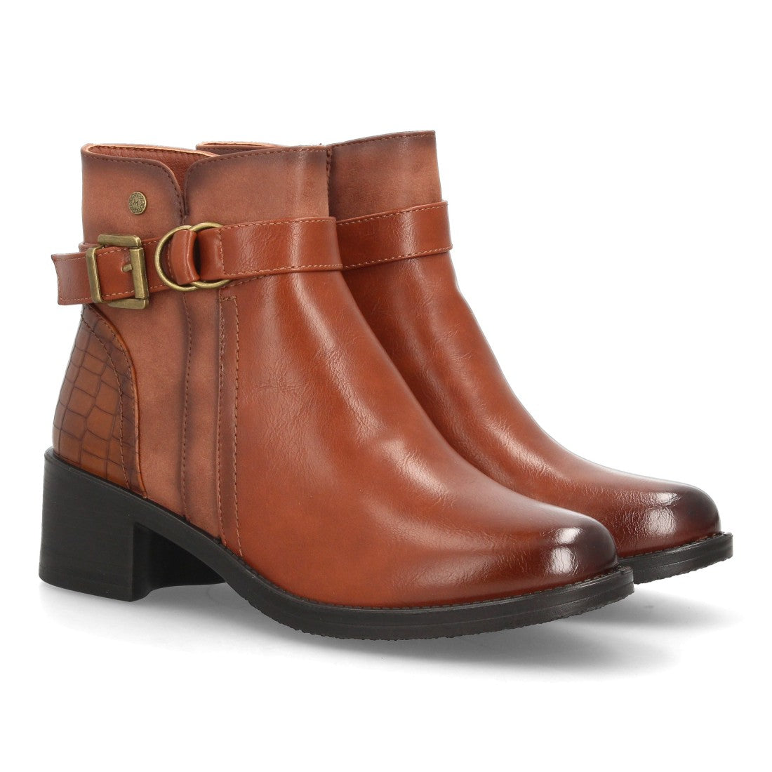 Botines de Mujer con Tacón Ancho, Hebilla y Anilla Decorativa -Camel