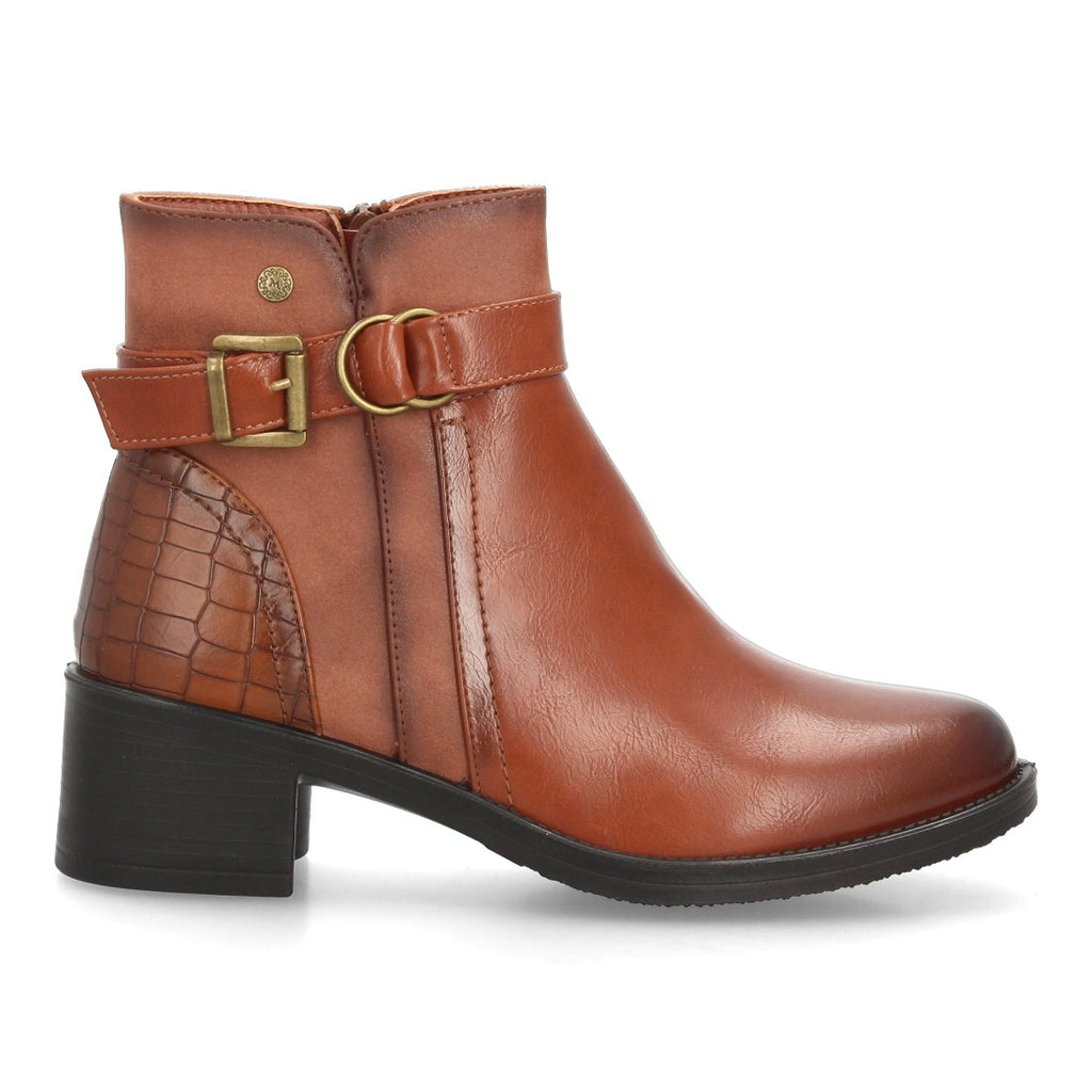 Botines de Mujer con Tacón Ancho, Hebilla y Anilla Decorativa -Camel