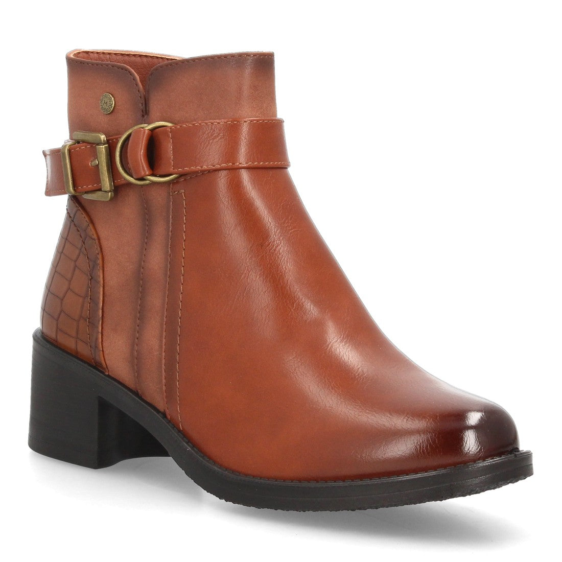 Botines de Mujer con Tacón Ancho, Hebilla y Anilla Decorativa -Camel