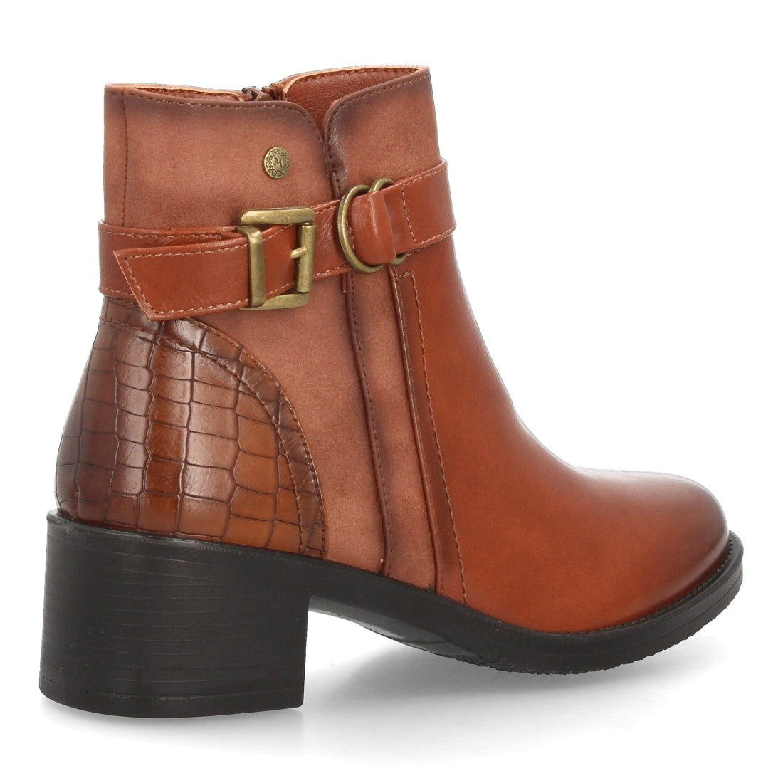 Botines de Mujer con Tacón Ancho, Hebilla y Anilla Decorativa -Camel