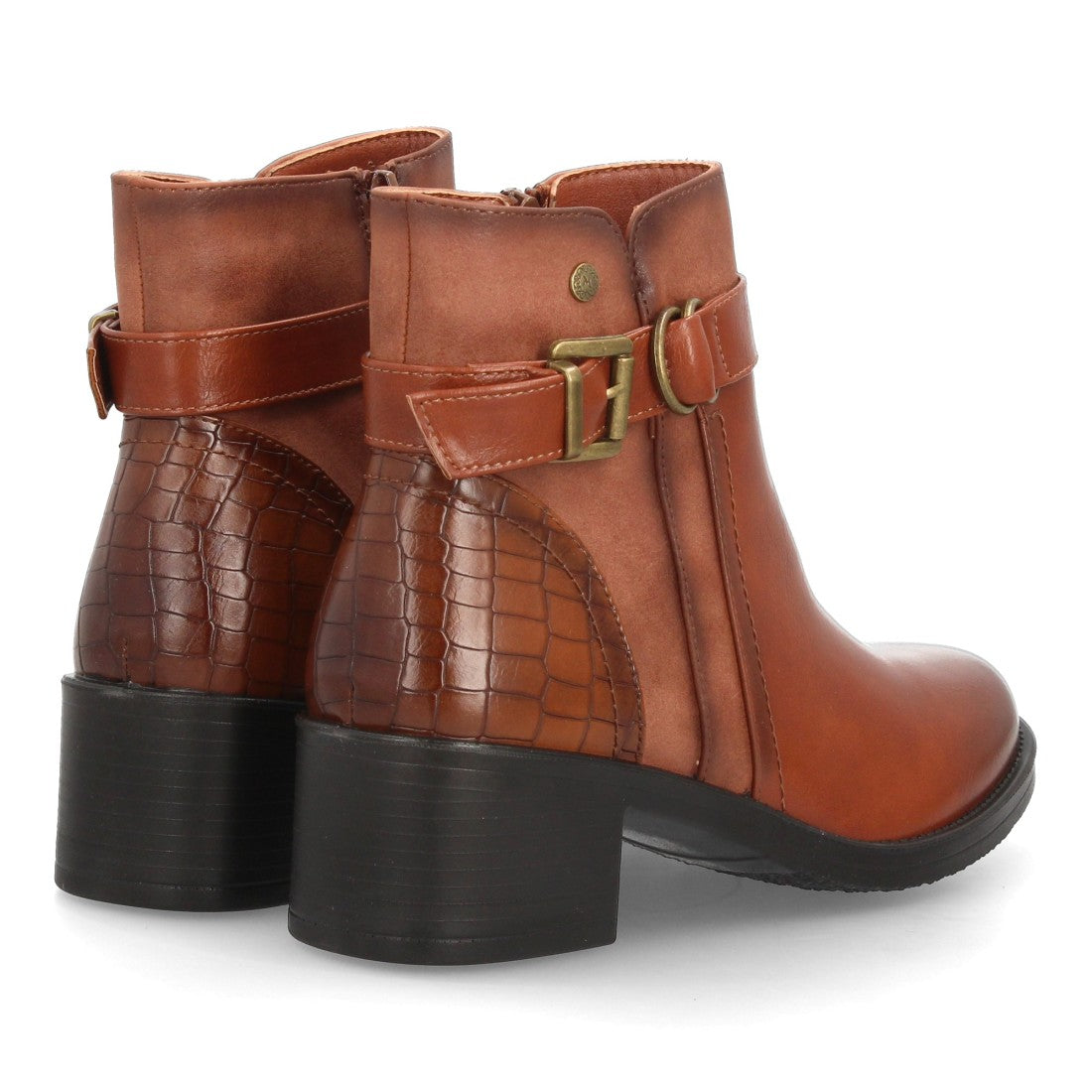 Botines de Mujer con Tacón Ancho, Hebilla y Anilla Decorativa -Camel