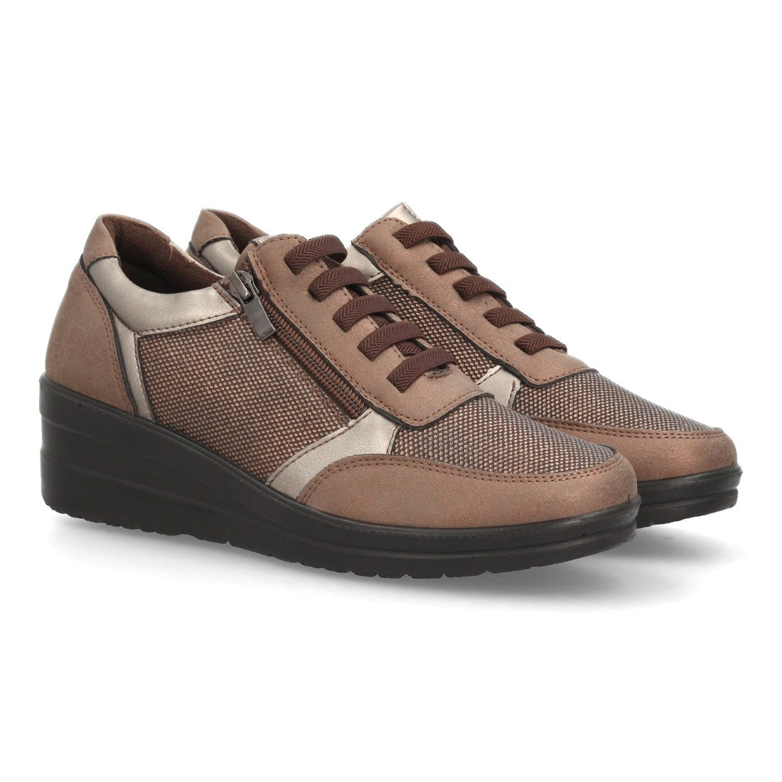 Zapatillas de Mujer con Cuña, Plataforma, Cordones y Cremallera -Marron