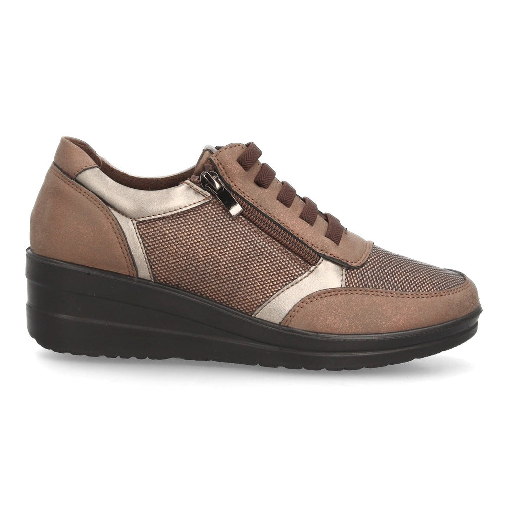 Zapatillas de Mujer con Cuña, Plataforma, Cordones y Cremallera -Marron
