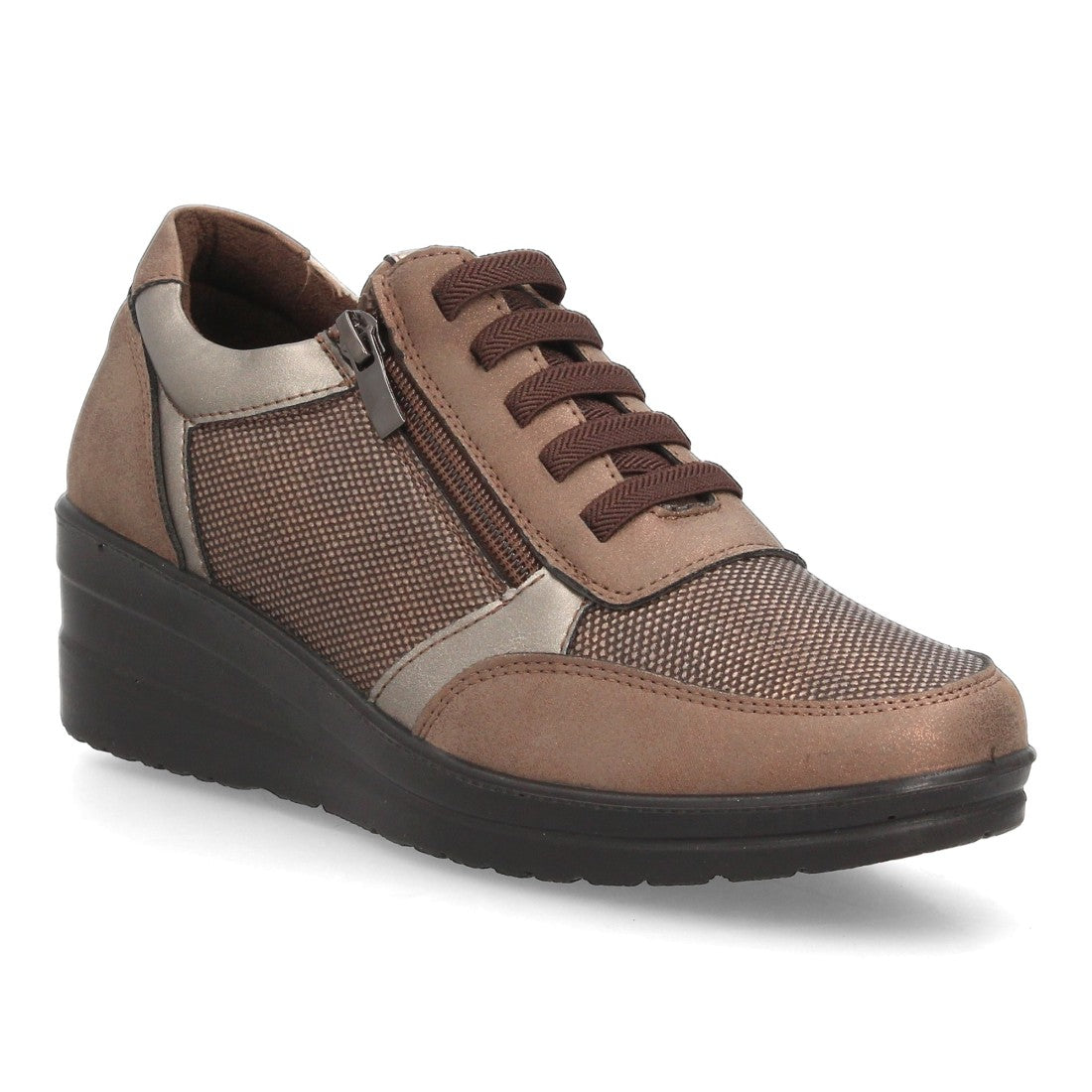 Zapatillas de Mujer con Cuña, Plataforma, Cordones y Cremallera -Marron