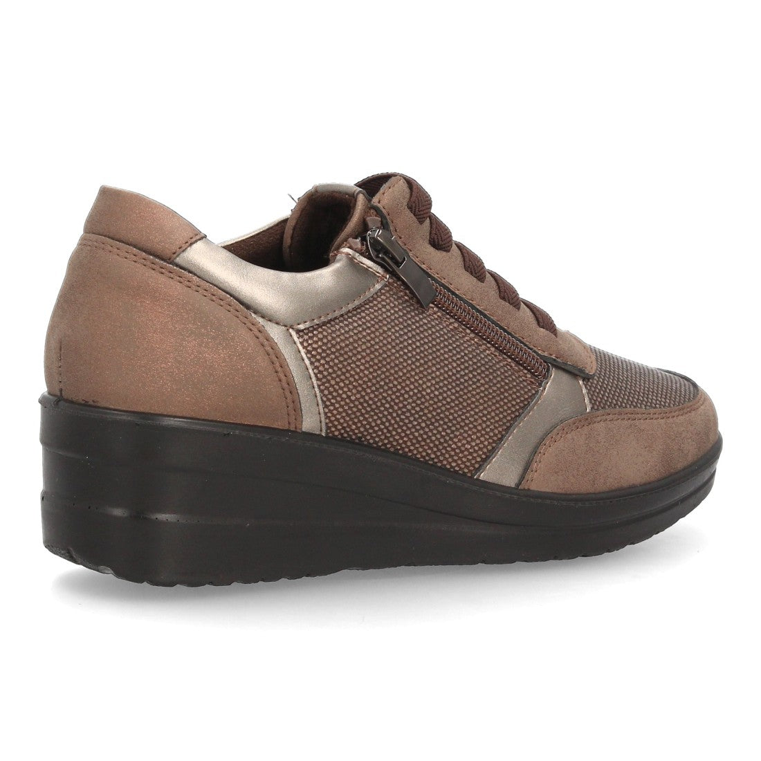 Zapatillas de Mujer con Cuña, Plataforma, Cordones y Cremallera -Marron