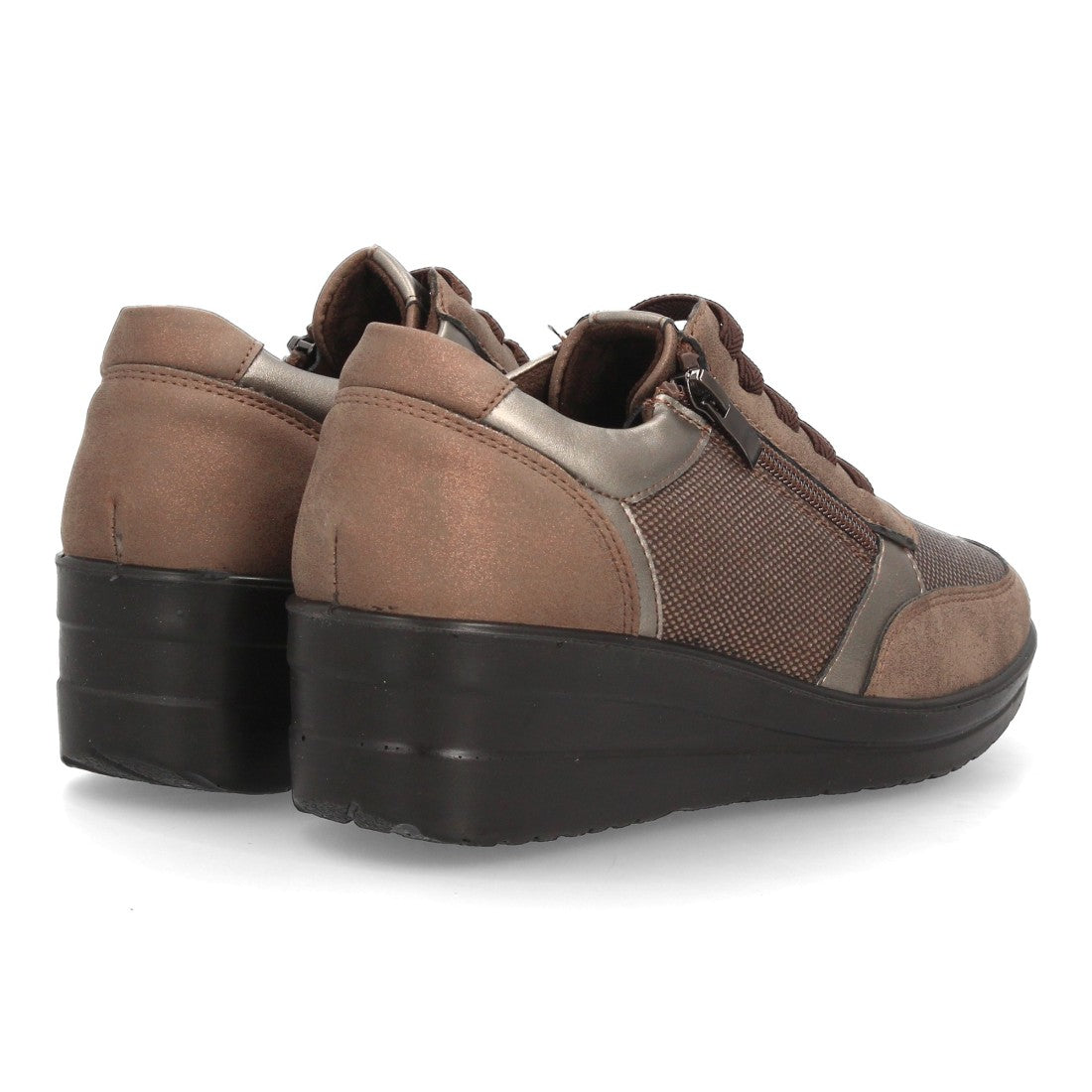 Zapatillas de Mujer con Cuña, Plataforma, Cordones y Cremallera -Marron