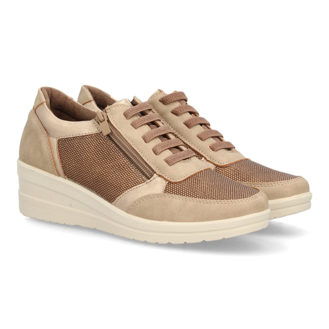 Zapatillas de Mujer con Cuña, Plataforma, Cordones y Cremallera -Beige