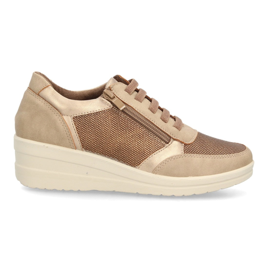 Zapatillas de Mujer con Cuña, Plataforma, Cordones y Cremallera -Beige