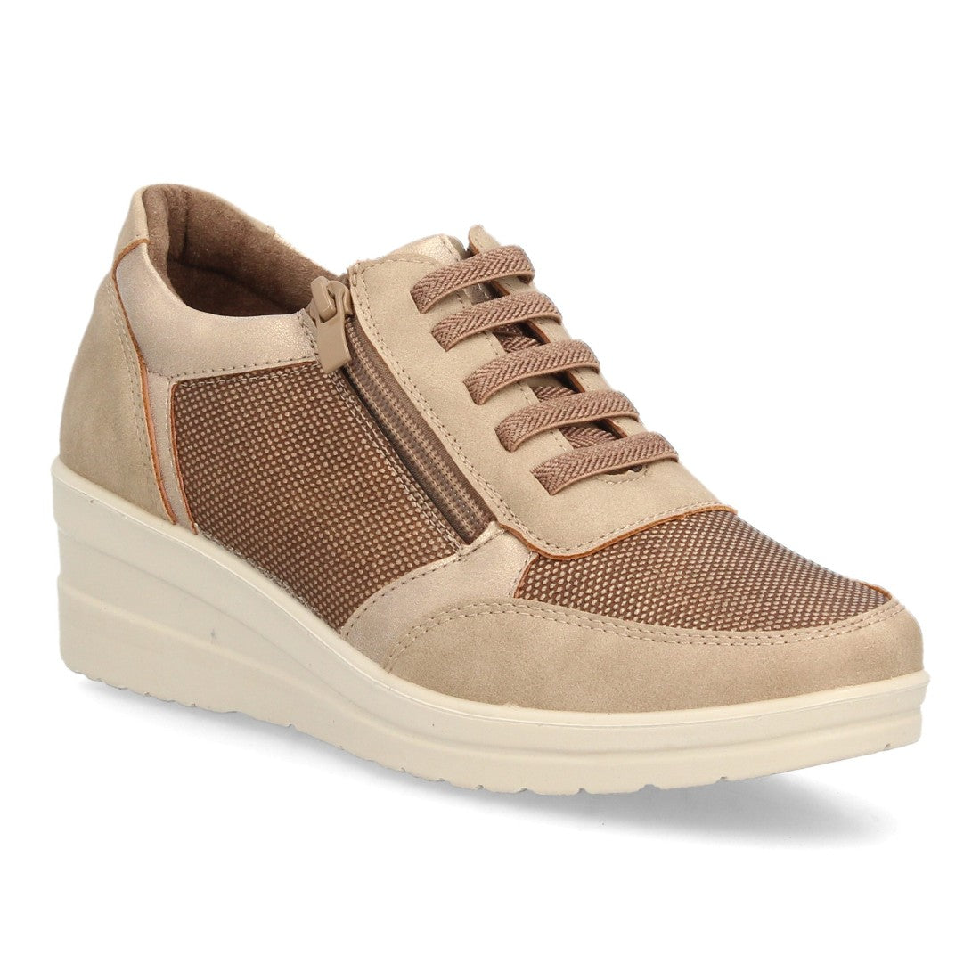 Zapatillas de Mujer con Cuña, Plataforma, Cordones y Cremallera -Beige