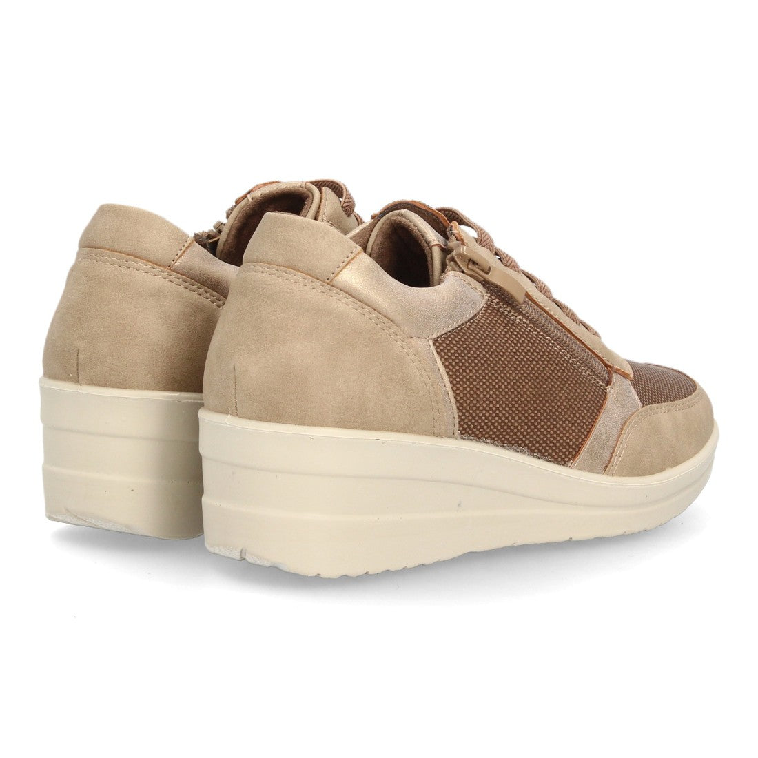 Zapatillas de Mujer con Cuña, Plataforma, Cordones y Cremallera -Beige