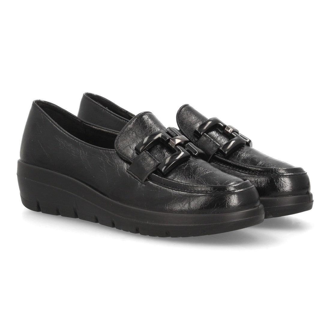 Mocasines de Mujer con Cuña Baja, Acabado Brillante y Eslabones -Negro