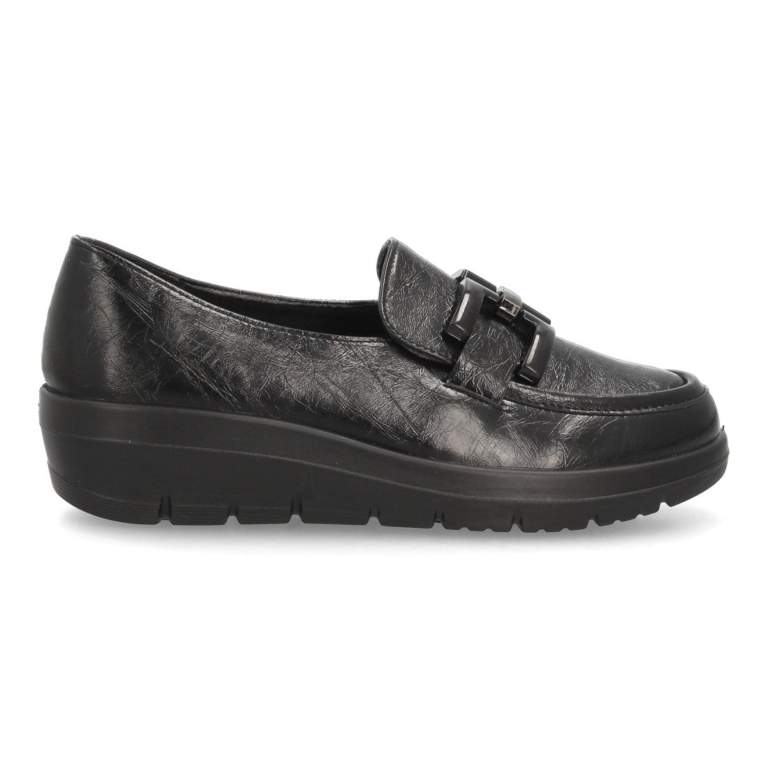 Mocasines de Mujer con Cuña Baja, Acabado Brillante y Eslabones -Negro