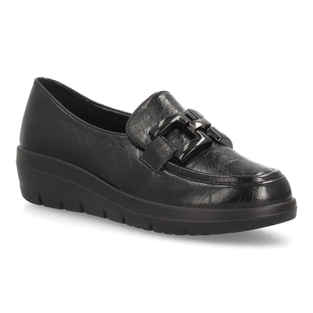 Mocasines de Mujer con Cuña Baja, Acabado Brillante y Eslabones -Negro