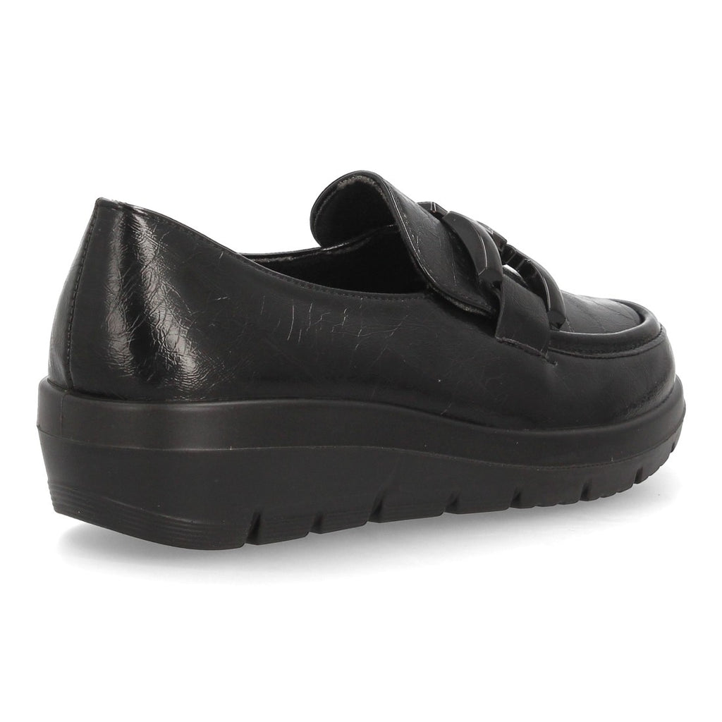 Mocasines de Mujer con Cuña Baja, Acabado Brillante y Eslabones -Negro