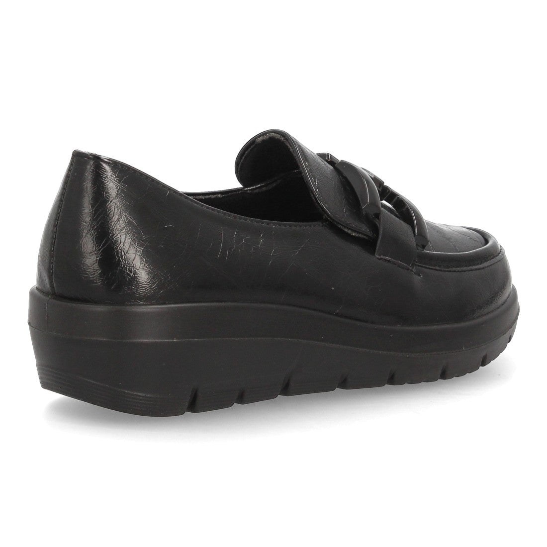 Mocasines de Mujer con Cuña Baja, Acabado Brillante y Eslabones -Negro