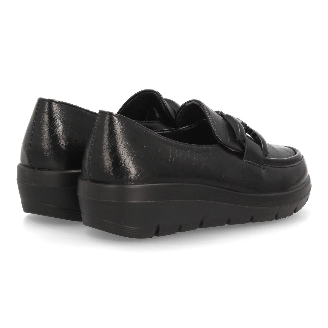 Mocasines de Mujer con Cuña Baja, Acabado Brillante y Eslabones -Negro