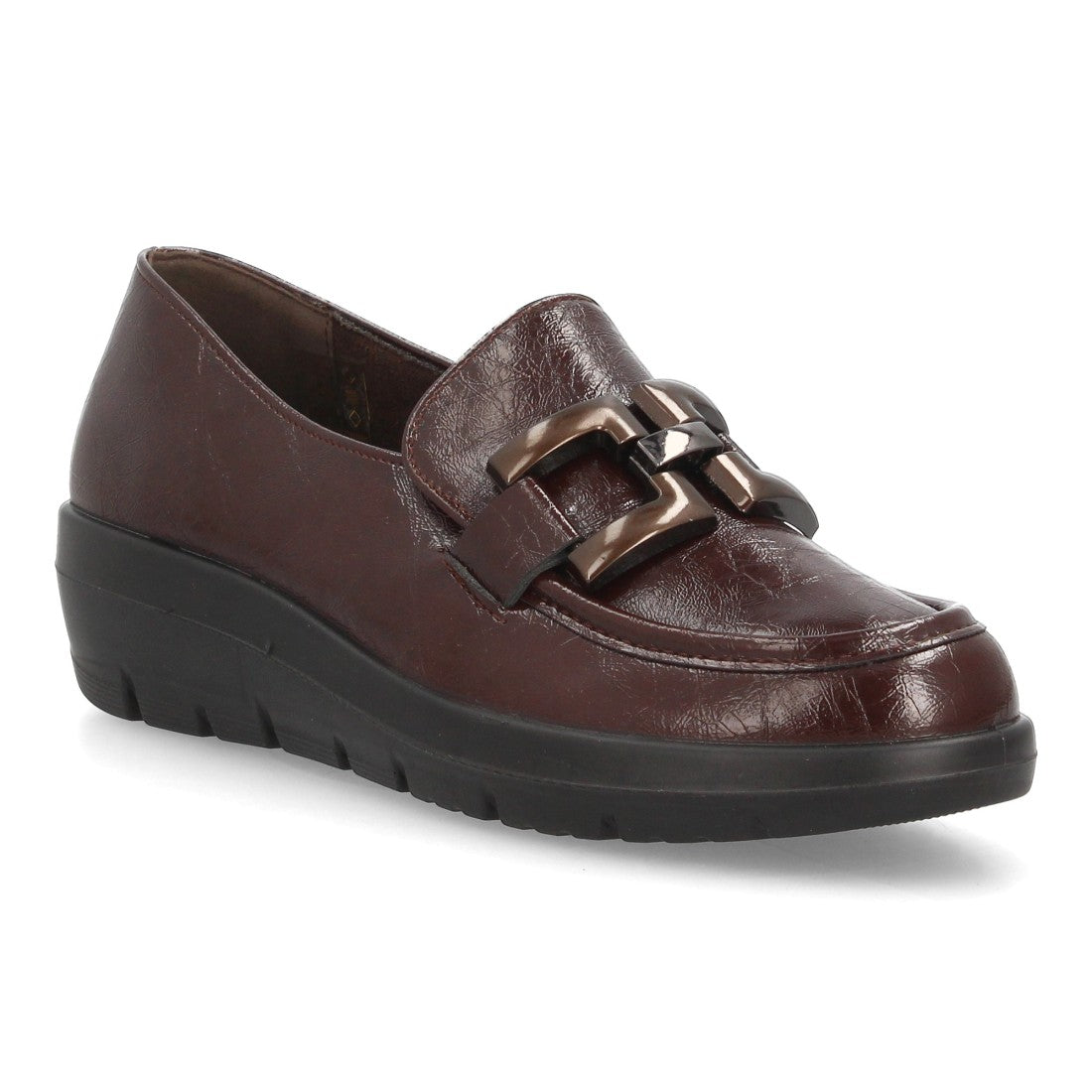 Mocasines de Mujer con Cuña Baja, Acabado Brillante y Eslabones -Marron