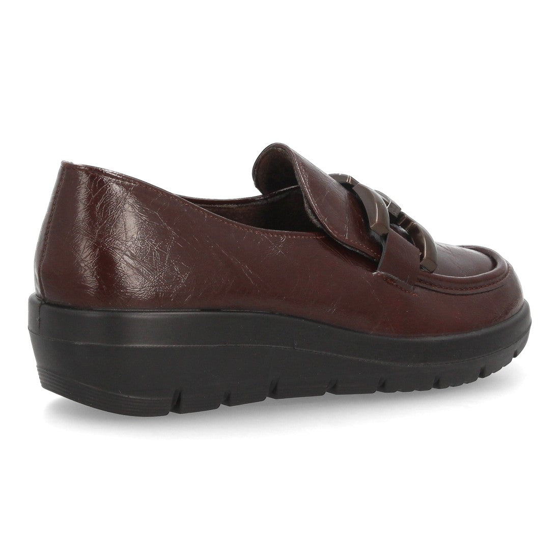 Mocasines de Mujer con Cuña Baja, Acabado Brillante y Eslabones -Marron